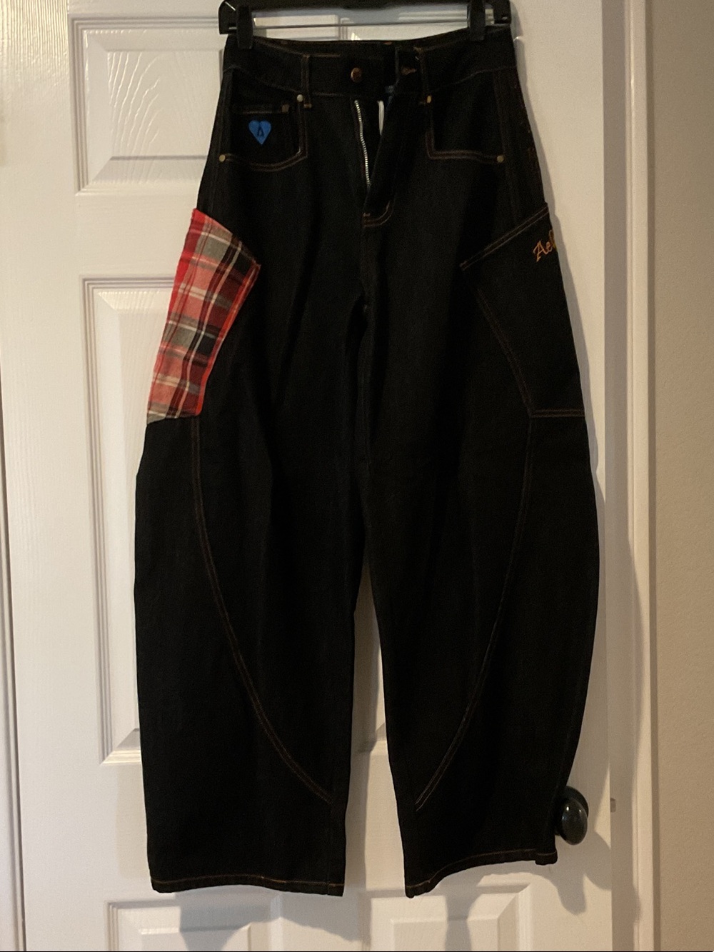 Aelfric Eden Black Relaxed Jeans with Red Plaid Patch